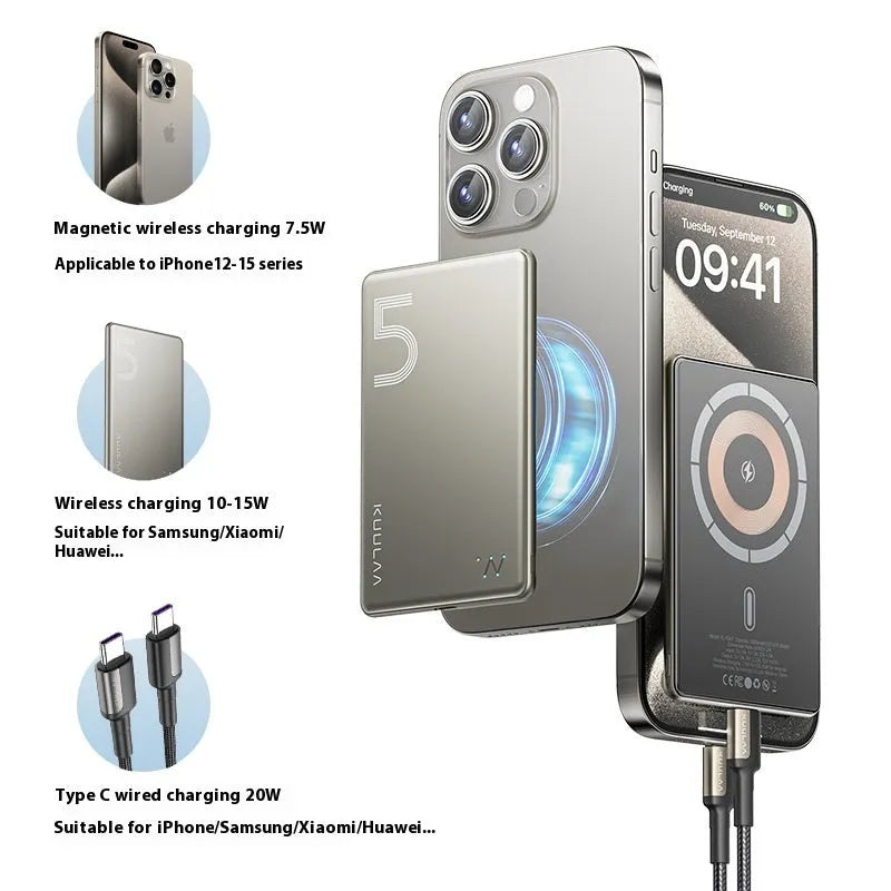 Ultra-thin magnetic wireless power bank 5000 MA with alloy shell in titanium colour changing finish