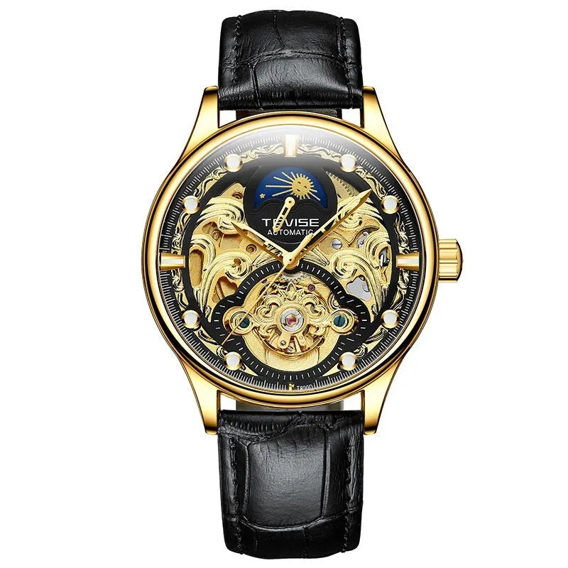 Gold and white leather strap men's automatic waterproof mechanical watch on wrist