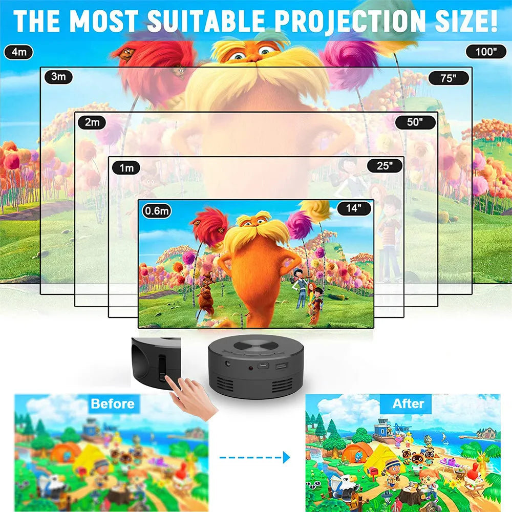 YT200 black mini LCD home projector with compact design and wireless mirroring feature