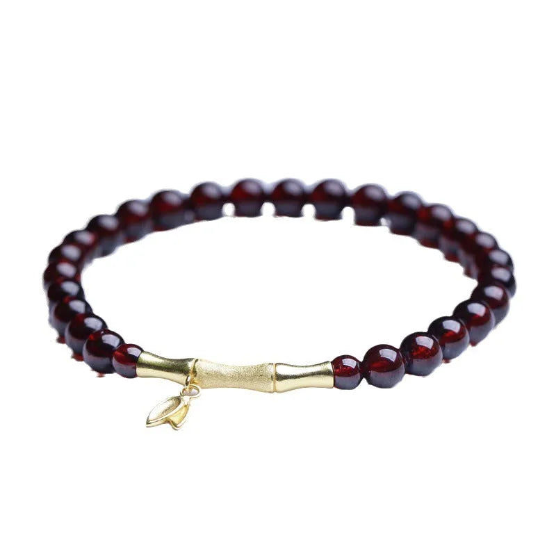 Natural garnet bamboo joint 6mm single ring bracelet in copper or silver finish