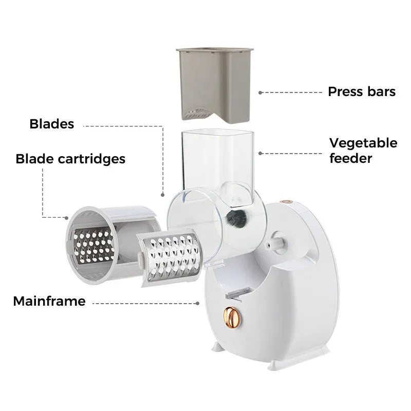 White electric vegetable slicer with rotary grater, suction base, and multiple blades on kitchen counter