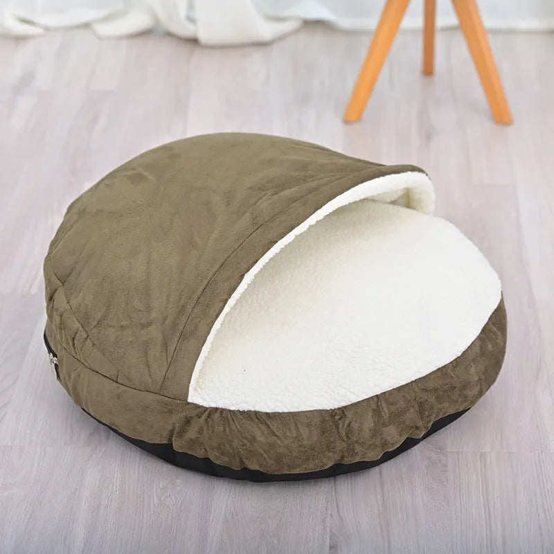 Brown fabric dog kennel with a removable, washable cover for small to medium sized dogs.