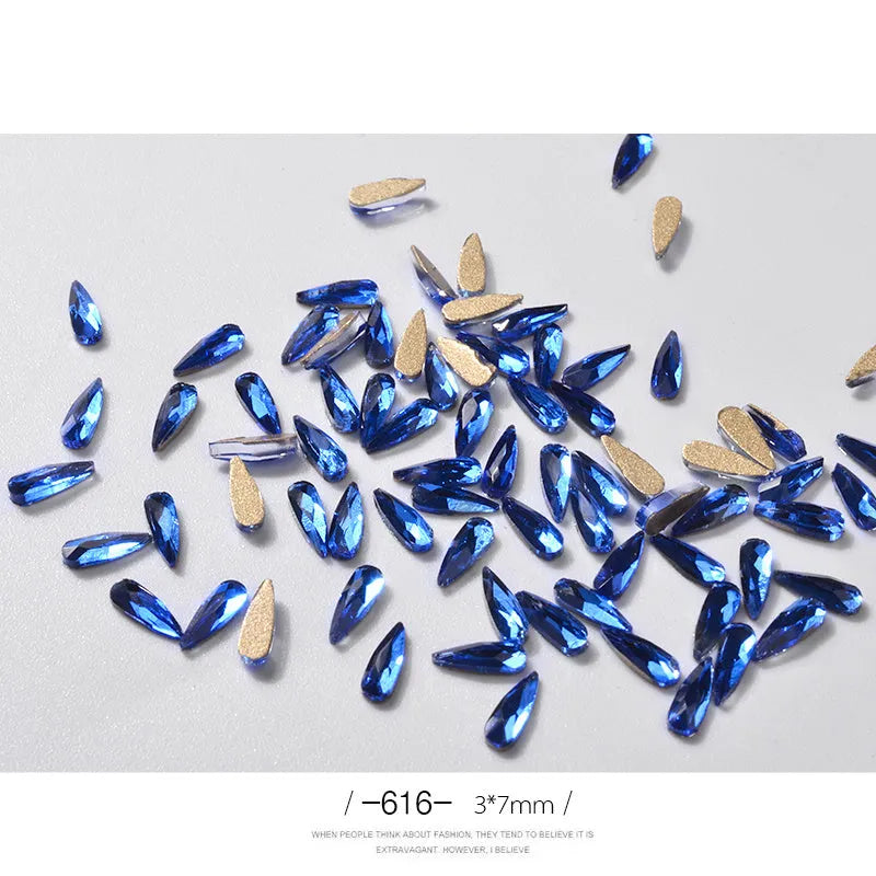 10 acrylic 3D nail art rhinestones in long water drop shape, 7x3mm, glitter finish, eleven colour options