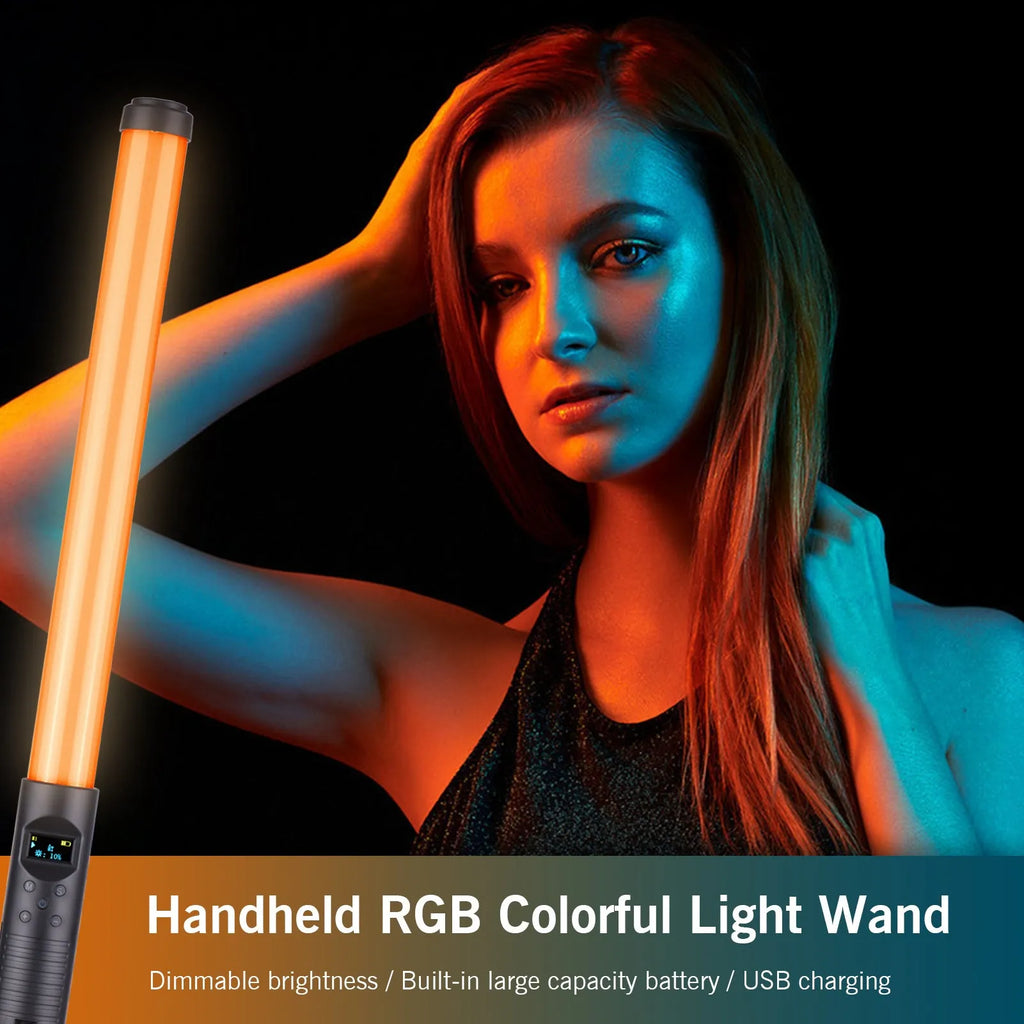 Handheld LED photography light stick showing adjustable colour temperature and a 1/4 inch tripod mount thread.
