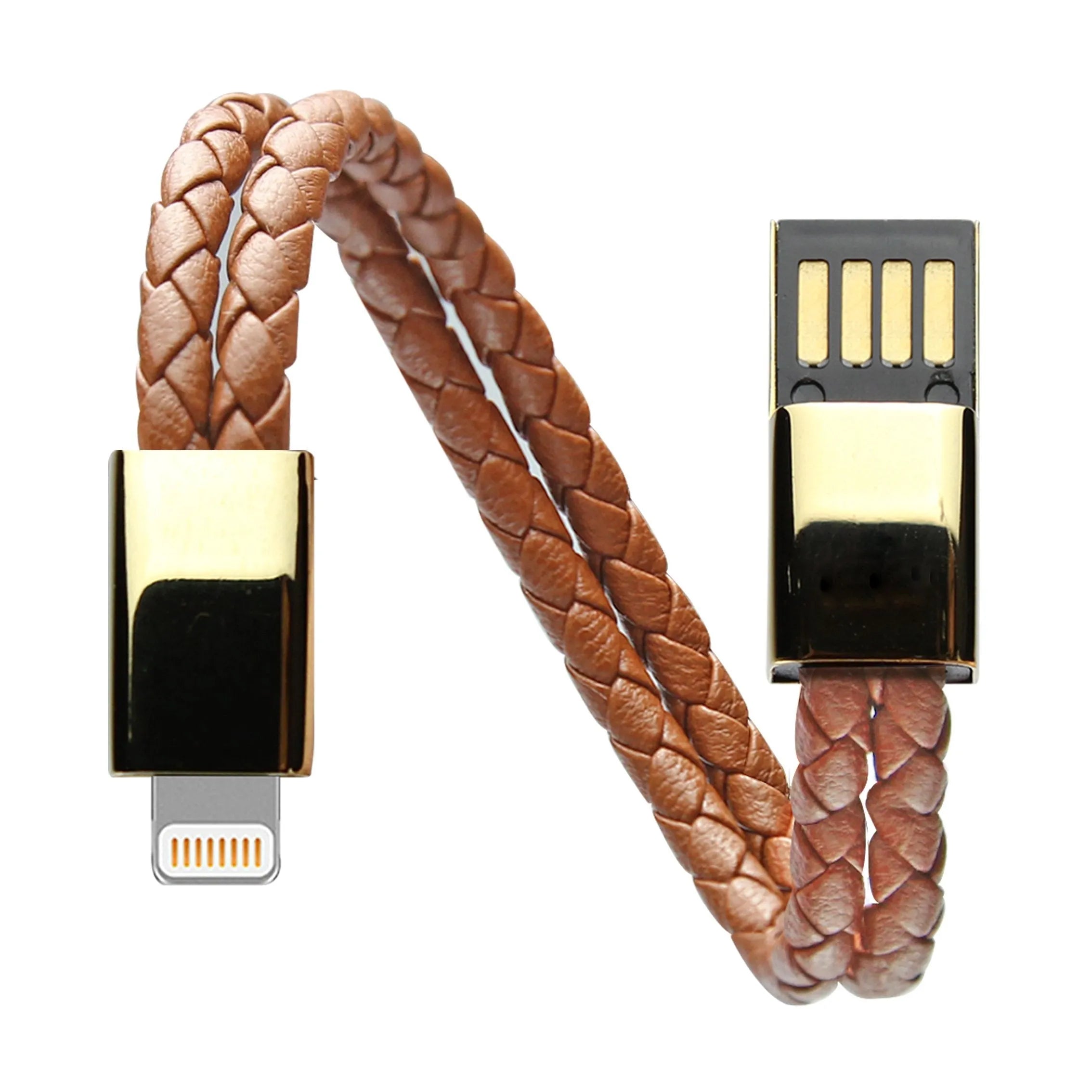 Brown leather bracelet with integrated 22.5cm charging cable and Micro USB connector