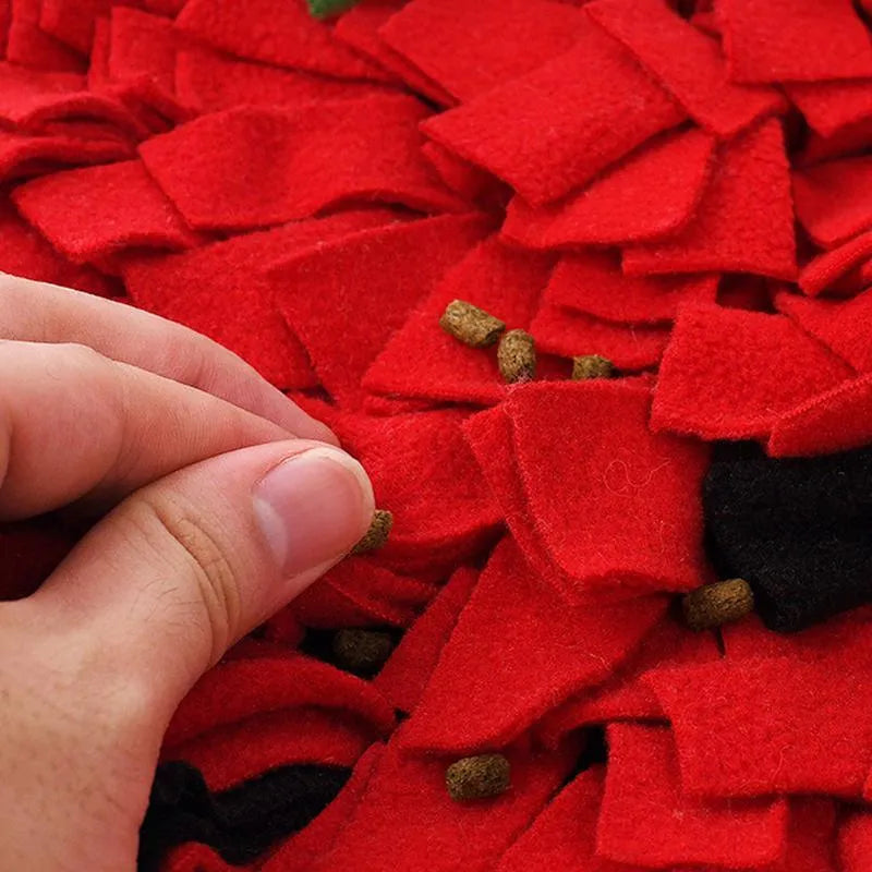 Red and green strawberry shaped pet slow feeder mat for dogs and cats on floor