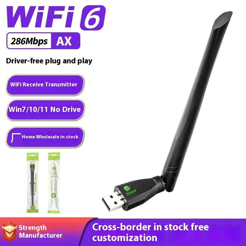 Black WiFi6 wireless network card with USB connector for driver-free computer connectivity