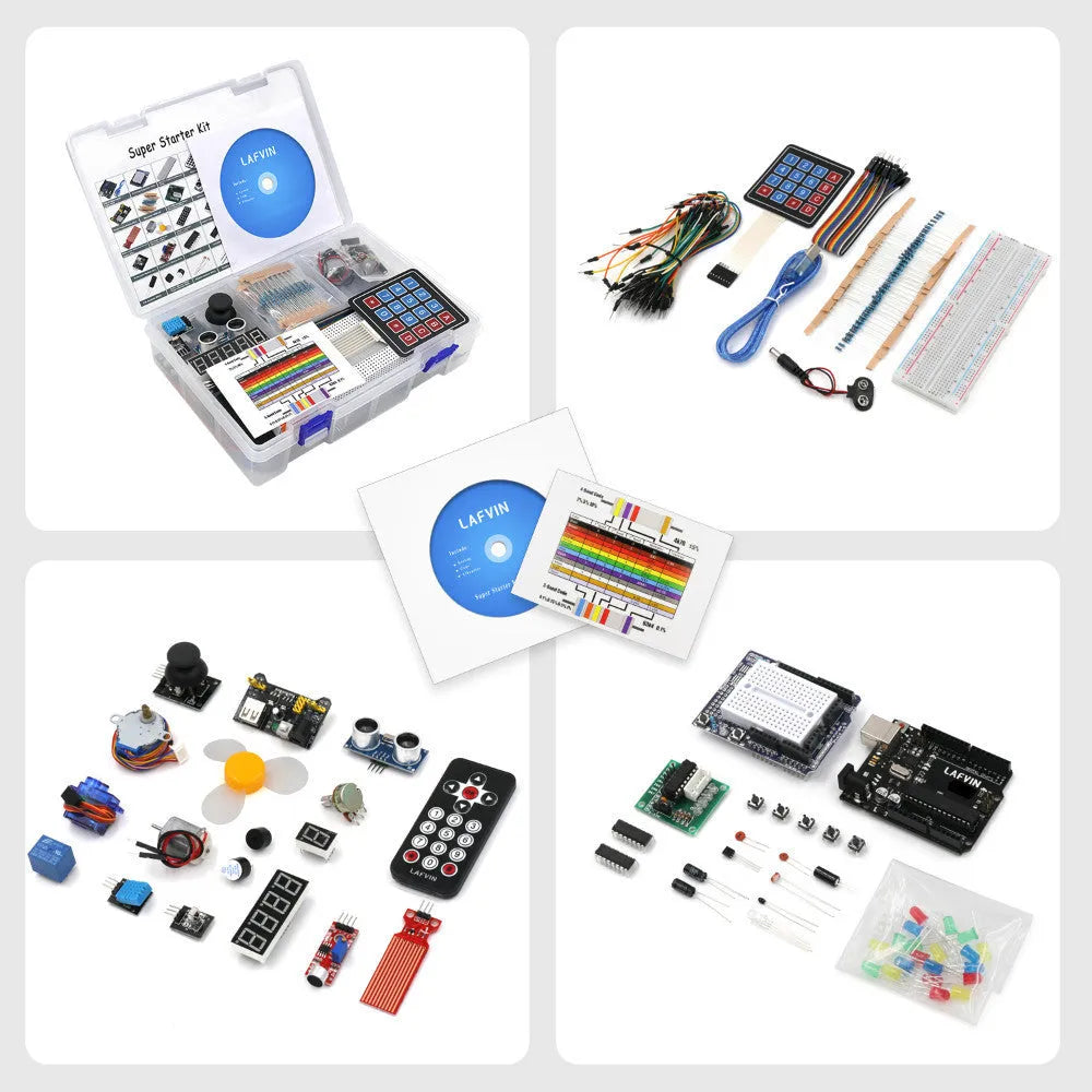 LAFVIN Arduino UNO R3 Super Starter Kit with blue development board and multiple electronic components.