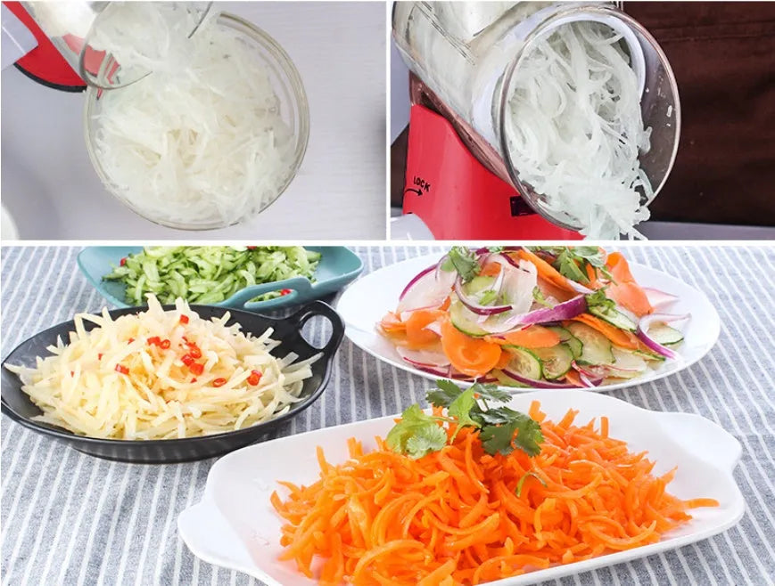 Blue manual mandoline vegetable slicer with stainless steel blade on a kitchen counter.