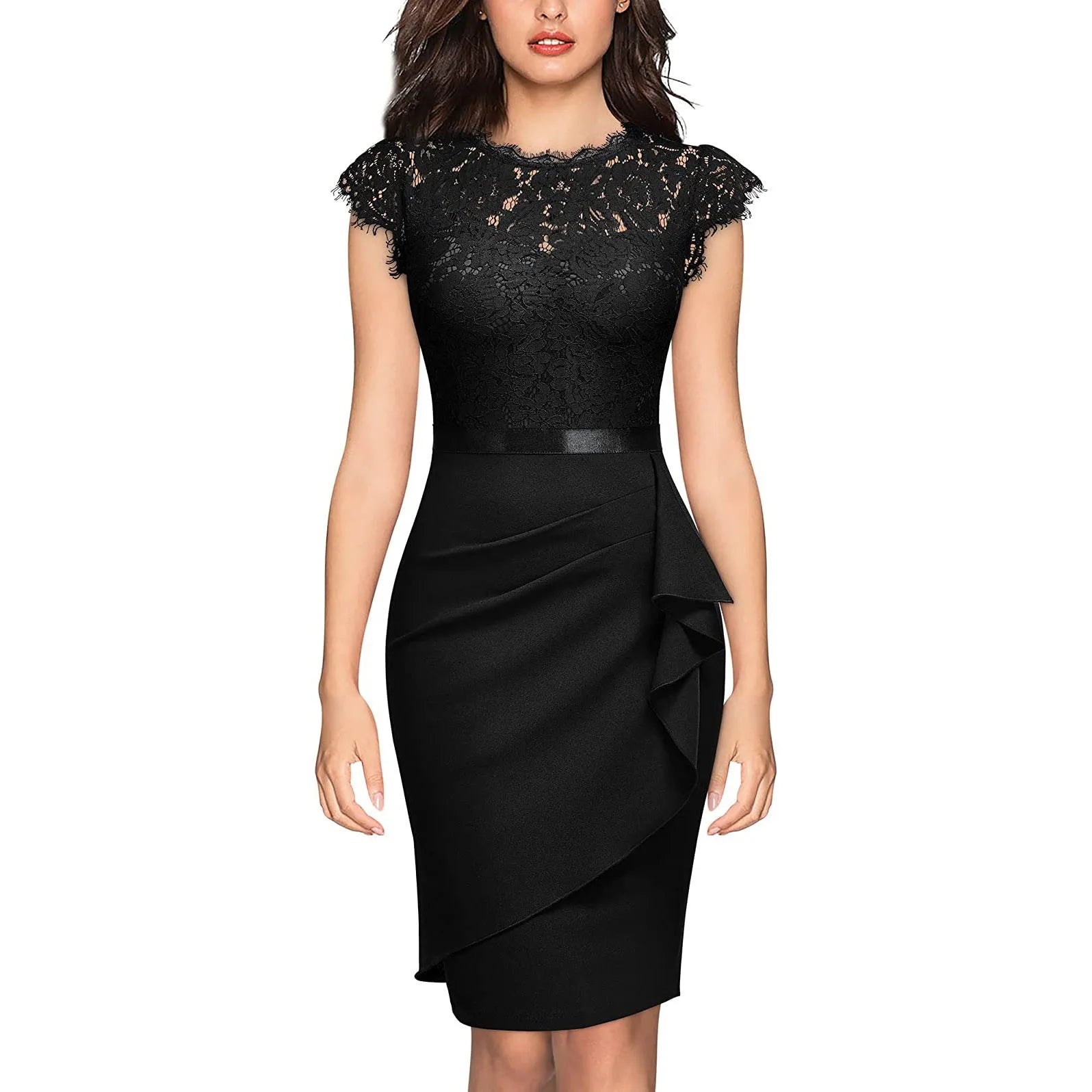 New women's bridesmaid polyester sheath dress with high waist and short sleeves in pink, black, and dark blue