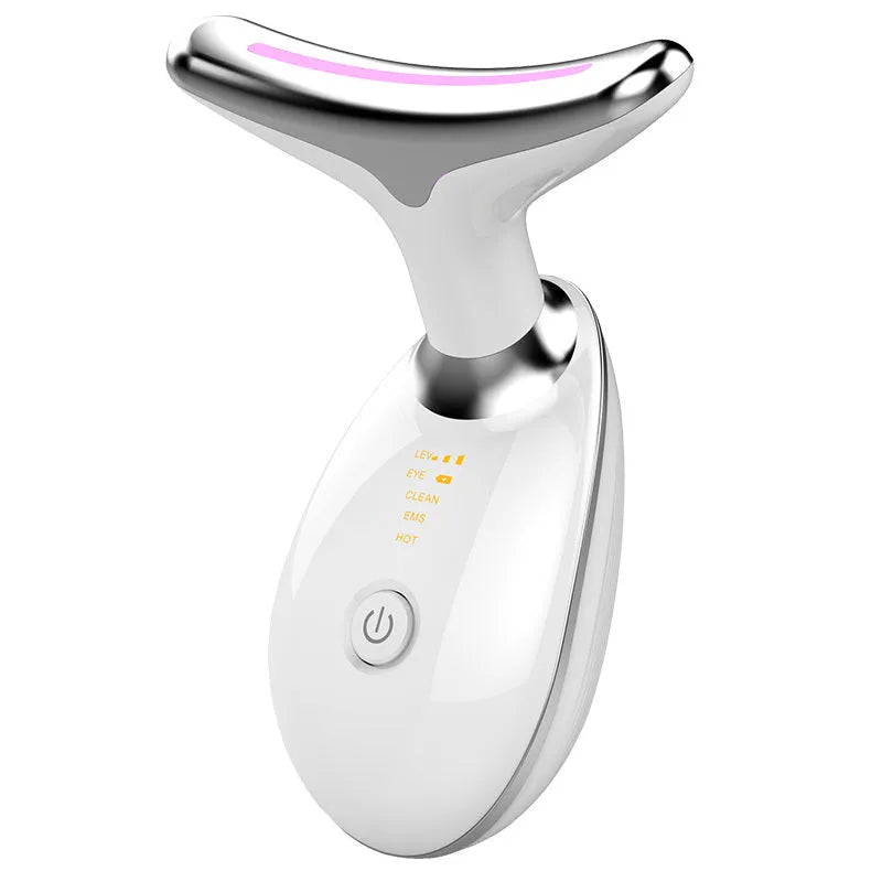 Black Silver EMS thermal neck massager device with LED lights for facial skin tightening and wrinkle reduction.