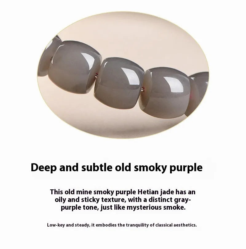 Natural Smokey Violet Hetian Jade straight cut bracelet with polished 8x9mm beads on an elasticated band.