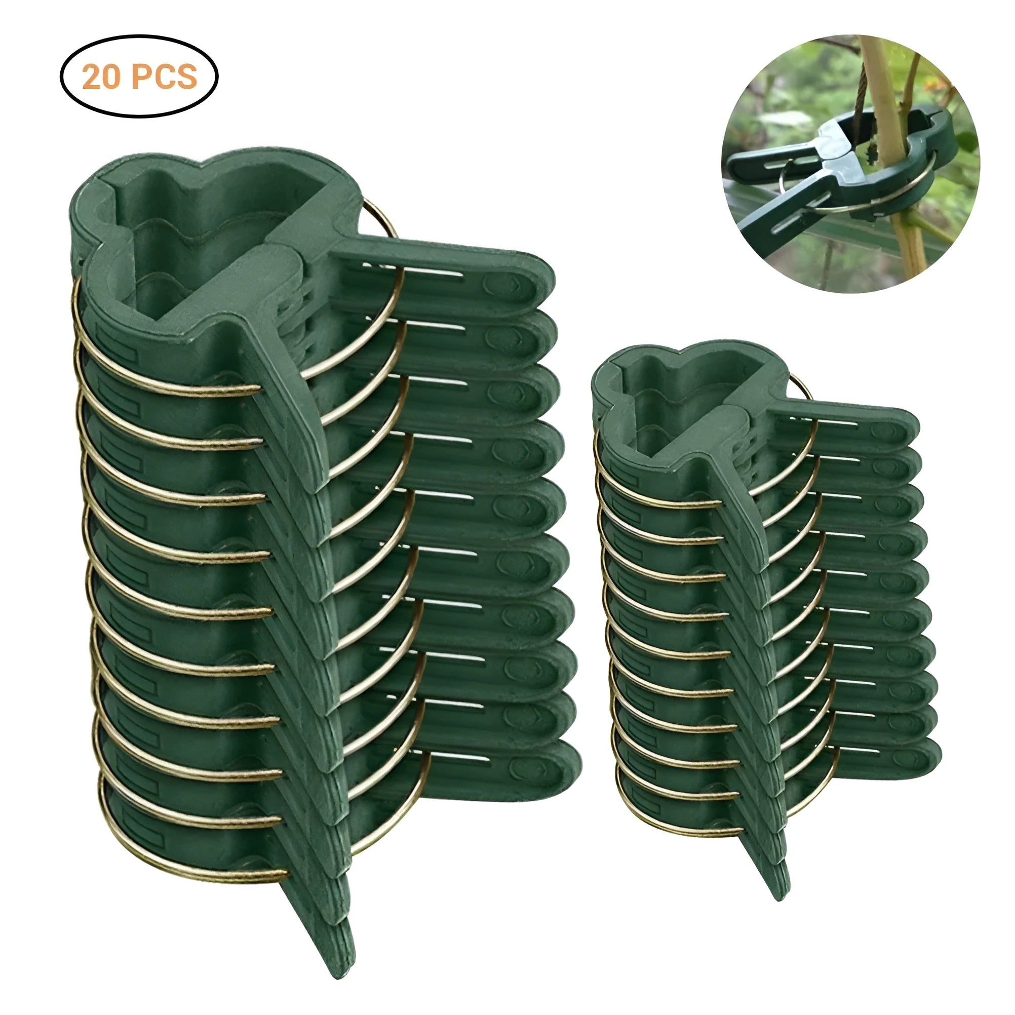 Green plastic and zinc plant fixing clips set with large and small sizes for climbing garden plants