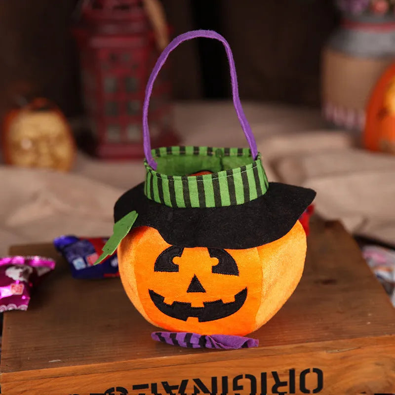 Halloween candy bag with pumpkin pattern measuring 16cm x 16cm with velvet material