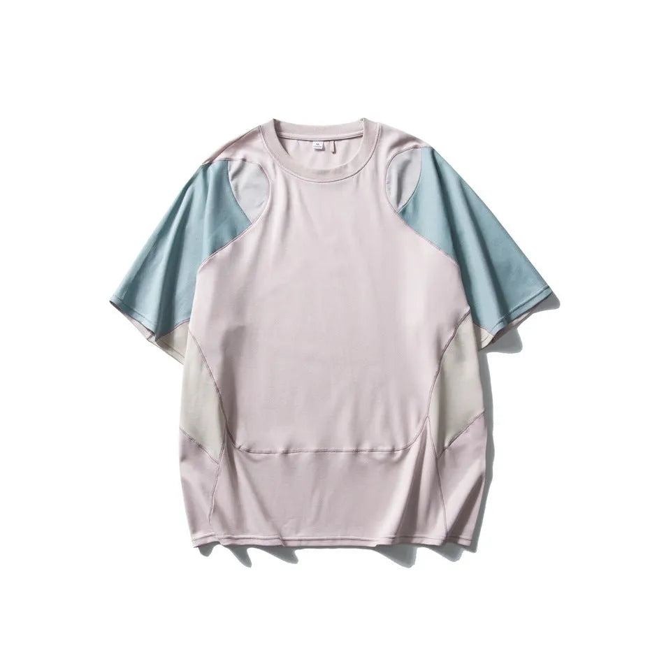 Men's loose fit cotton blend t-shirt with patchwork colour contrast in blue and beige tones