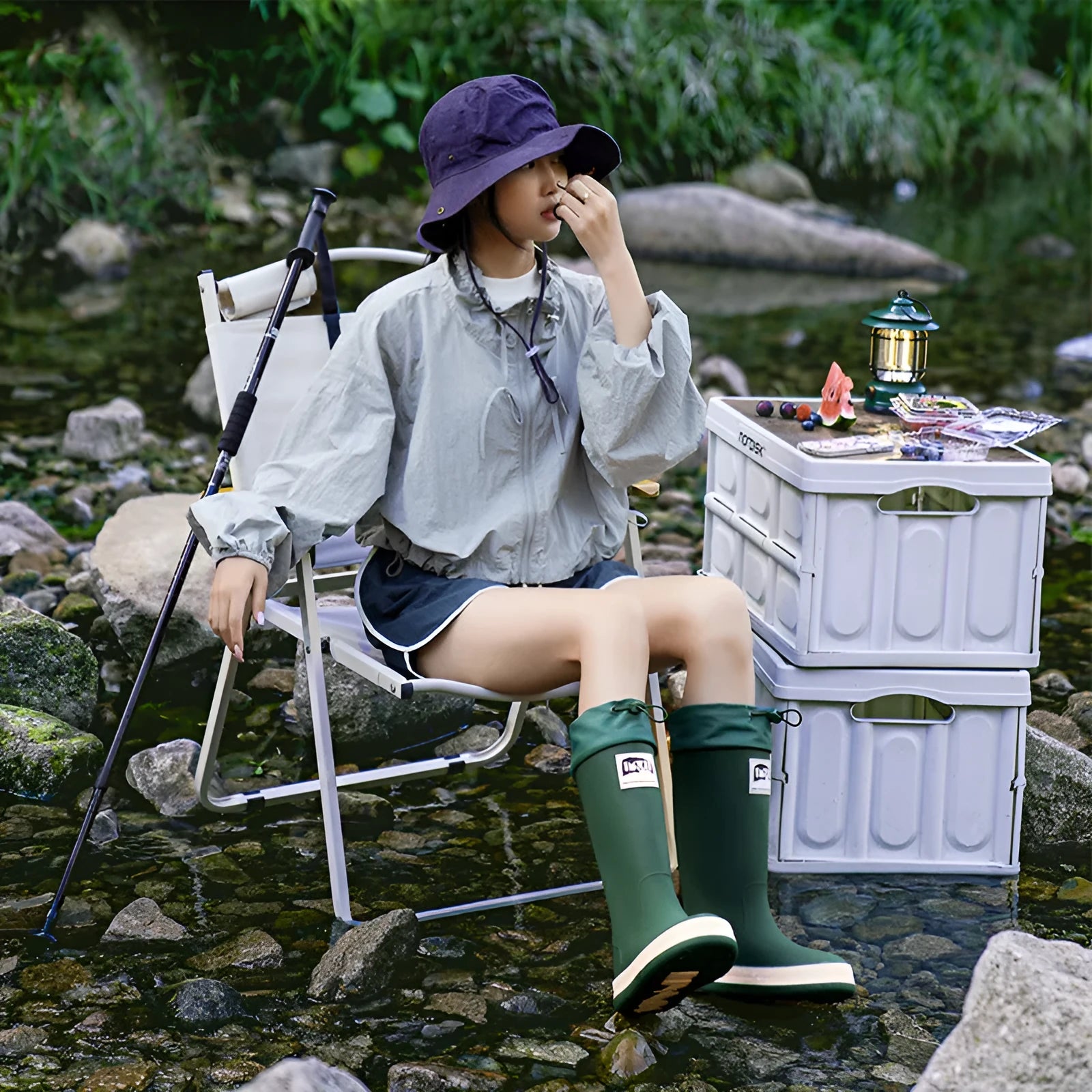 A pair of high tube PVC rain boots for men and women in a choice of colours.