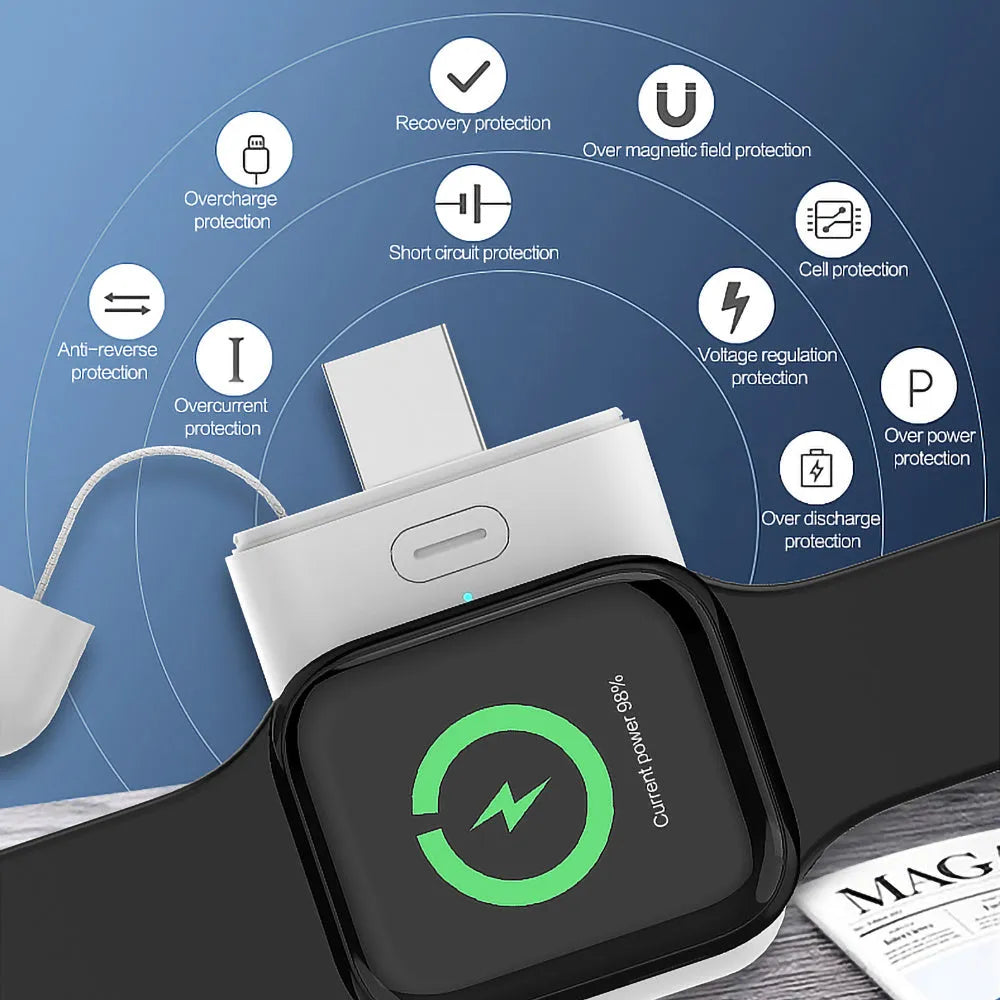 White Apple Watch magnetic wireless portable charger with 1000mAh battery