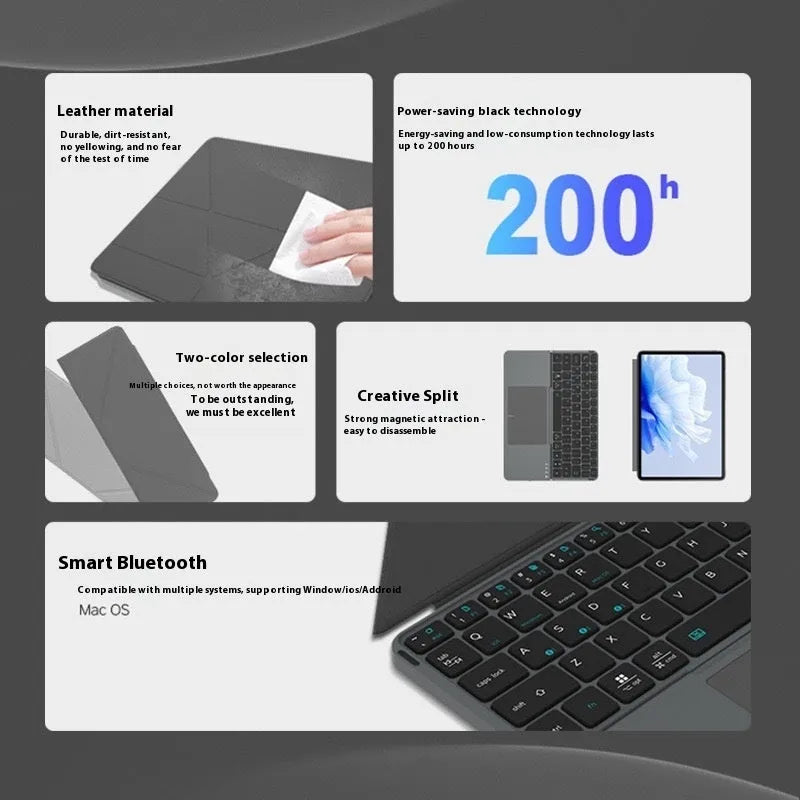 Grey folding Bluetooth keyboard shown open next to a mobile phone.