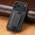 Google Pixel 9 PU leather case with card slot, wrist strap, and kickstand bracket in black
