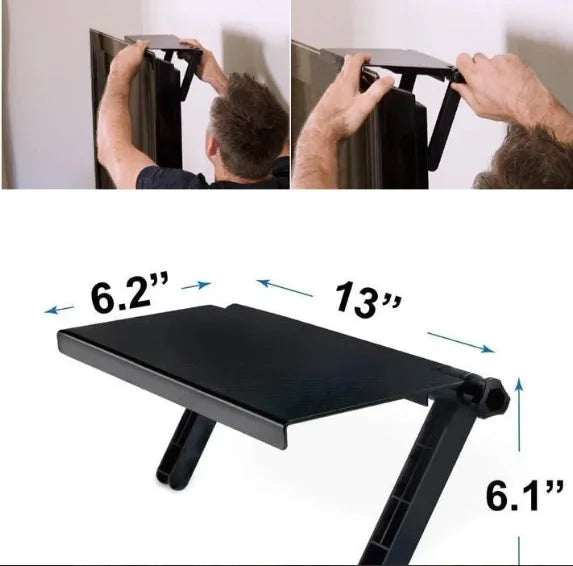 Black adjustable screen top shelf mounted on a monitor holding a streaming device and remote