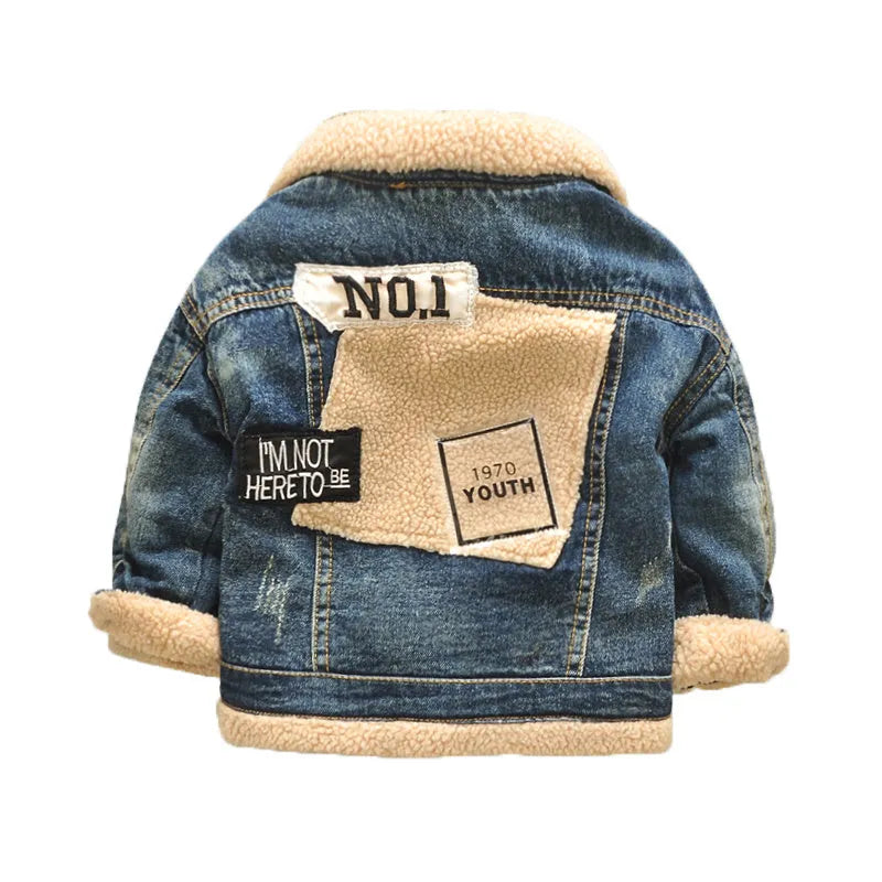 Children's baby thickened Korean style fur collar denim jacket in denim colour with square collar