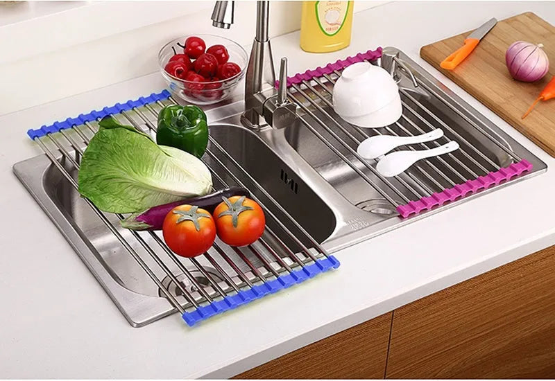 Folding stainless steel kitchen drain sink rack with collapsible design for dish organisation