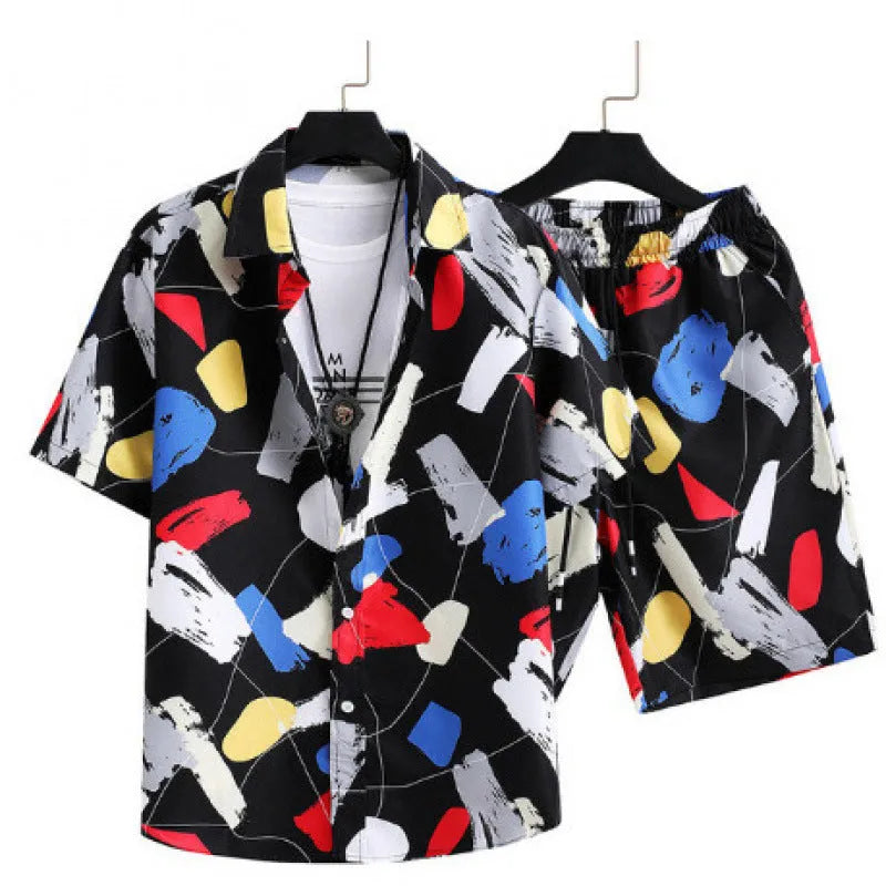 Man wearing a casual digital print short sleeve shirt and matching shorts, a polyester elastic suit set.