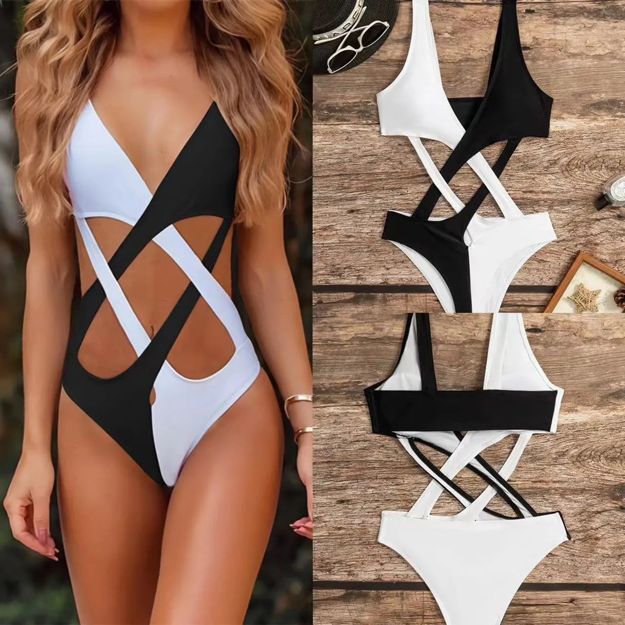 White women's one-piece swimsuit with colour block hollow out design