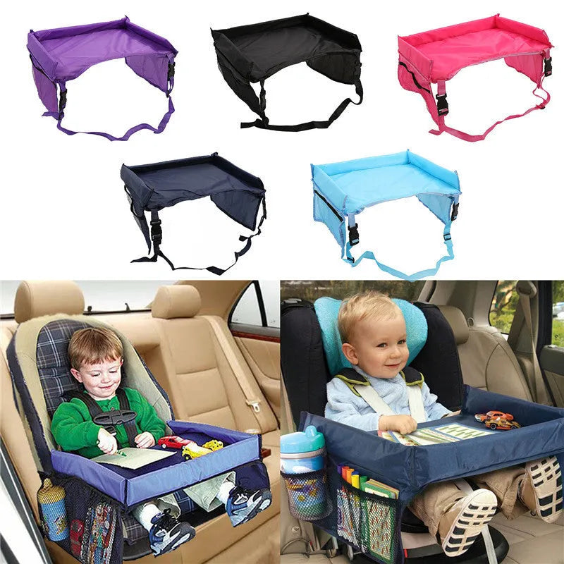Vehicle-mounted waterproof children's toy table tray in polyester fibre with car seat attachment
