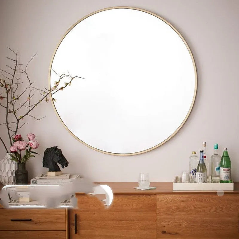 Round iron-framed bathroom wall mirror in black, gold, or white finish