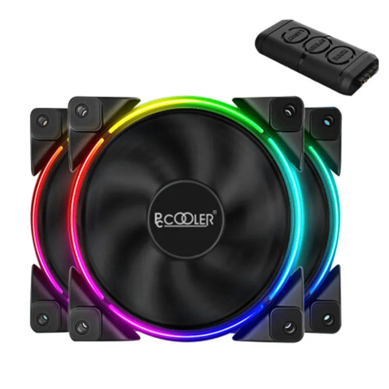 Three black 120mm RGB computer case fans with illuminated blades
