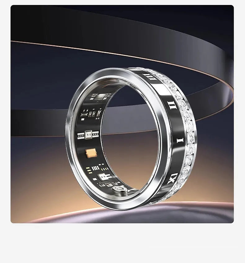 Diamond inlaid smart ring in silver and gold colours showing blood oxygen monitoring functions