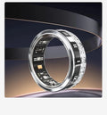Diamond inlaid smart ring in silver and gold colours showing blood oxygen monitoring functions