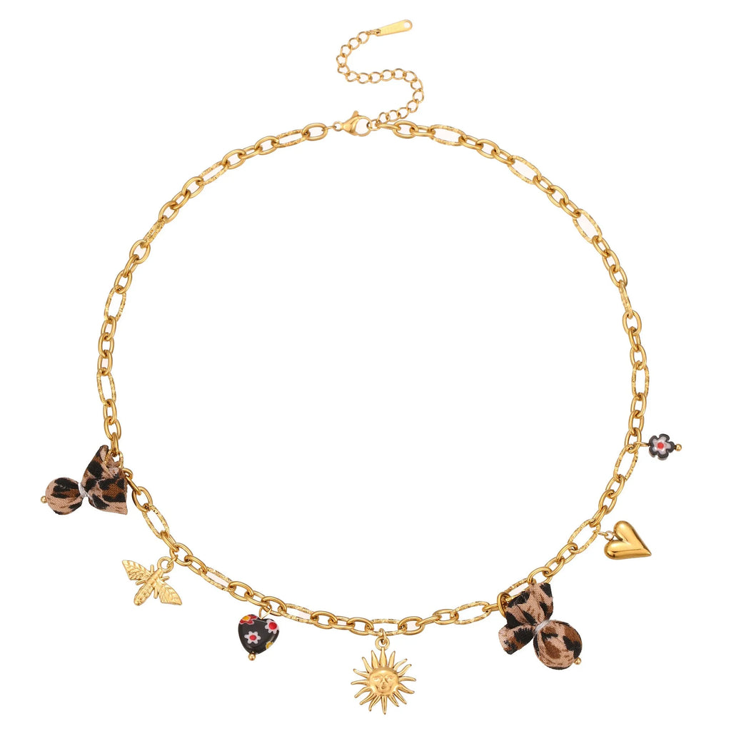 Stainless steel necklace with geometric leopard, hearts and flowers pendant on adjustable 41-50cm chain