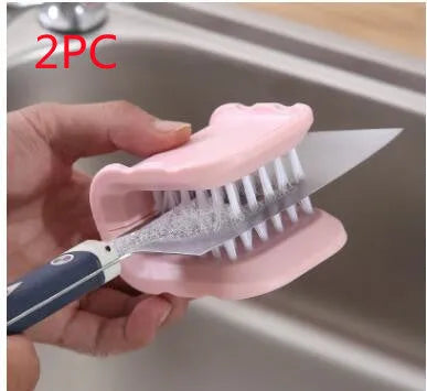 Blue U-shaped plastic brush for cleaning kitchen knives and forks.