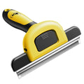 Yellow and blue pet grooming comb with stainless steel teeth and plastic handle for dog hair removal