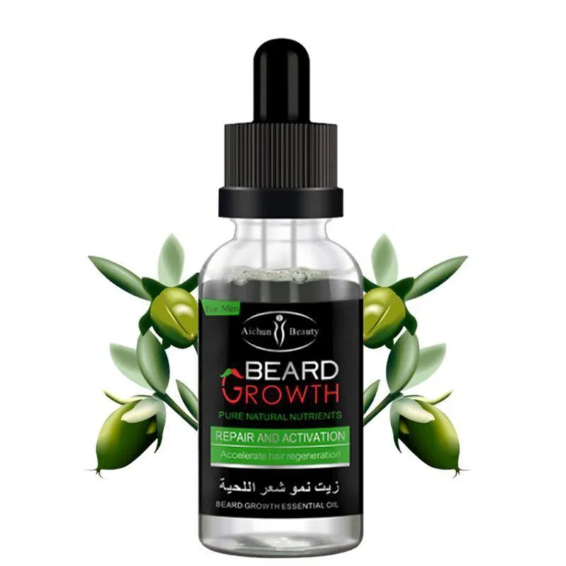 Natural beard growth essential oil bottle for men, moisturising conditioner and softener, all skin types