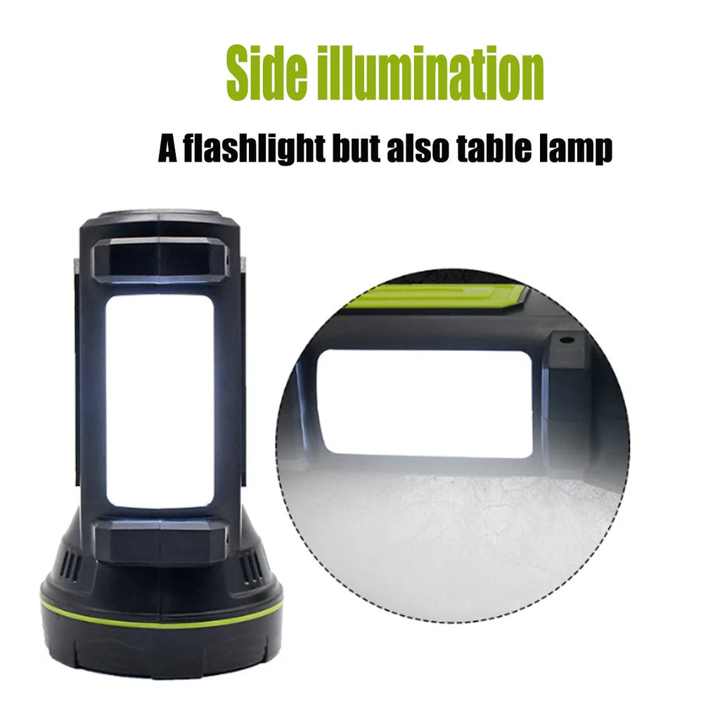 Green USB-rechargeable super bright LED flashlight with dual-mode function as torch or table light.