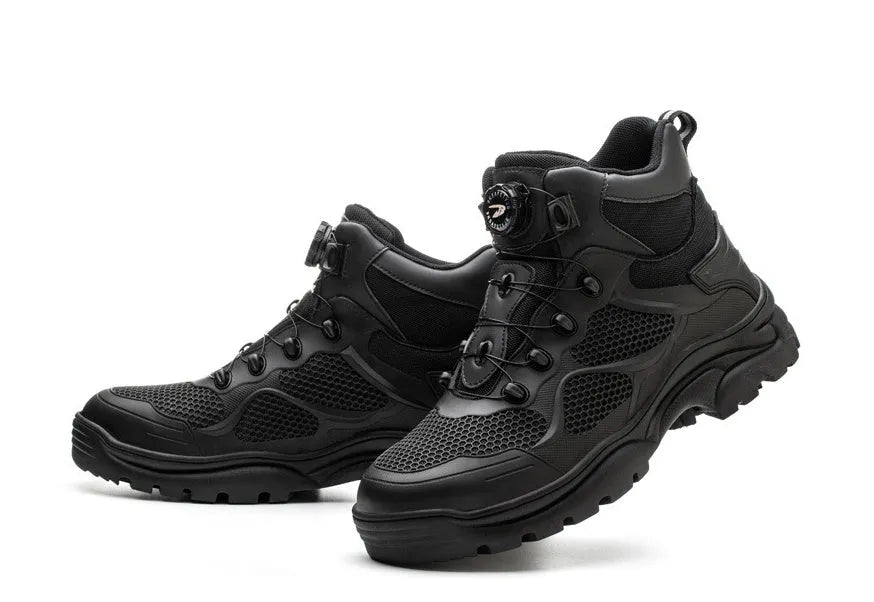 JK7926 black steel toe labour safety shoes with high-top PVC upper and anti-skid rubber sole on a grey background