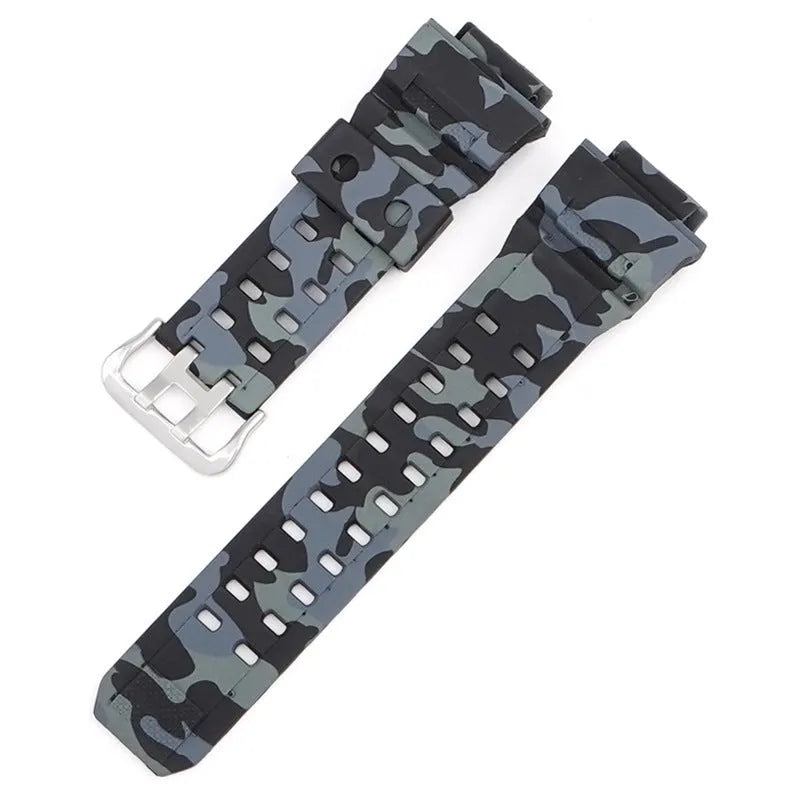 Camouflage pattern TPU rubber watch strap with silver buckle for G-Shock-style watches.