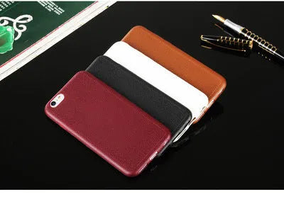 Leather TPU iPhone case shown in Black, Brown, Navy Blue, and Wine Red colours.