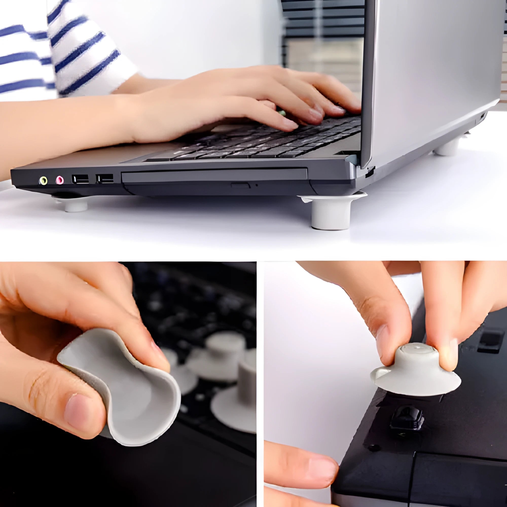 Set of four grey plastic laptop cooling pads, two large and two small, on a desk.