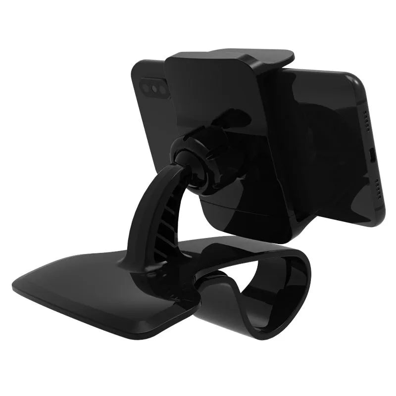 A black ABS plastic and silicone dashboard edge car phone holder mounted on a car dashboard.
