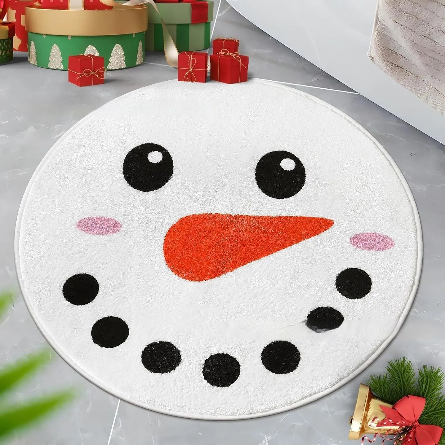 Christmas-themed round polyester carpet with festive printed design, shown in two size options.