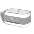 White alarm clock with wireless charging surface and Bluetooth speaker functionality for bedside use