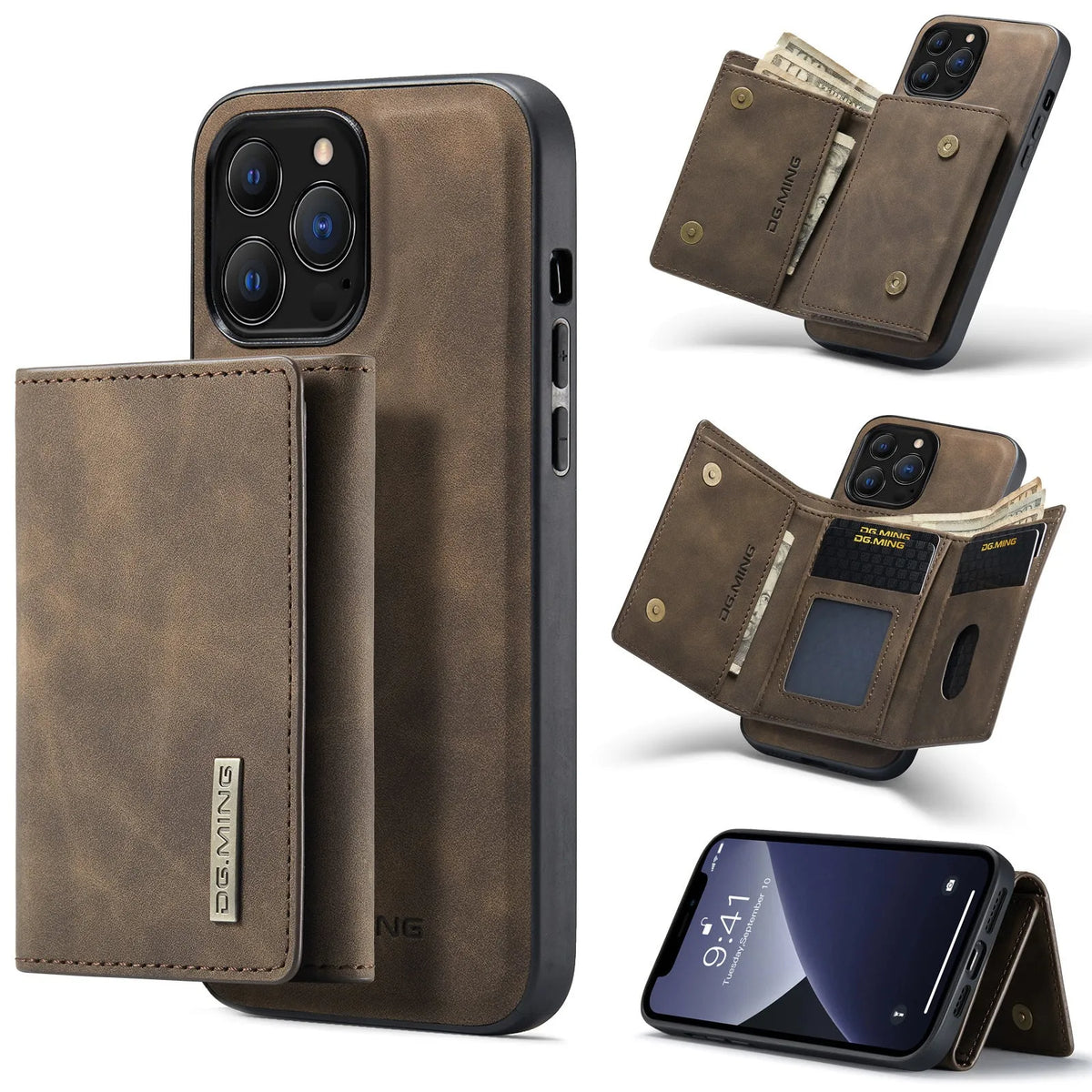 2-in-1 magnetic wallet phone case for iPhone with detachable PU card holder in black