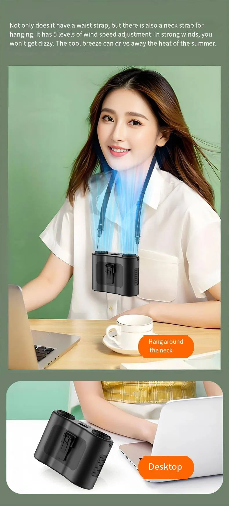 Grey 2025 model waist-hung portable fan shown with a neck lanyard and waist clip.