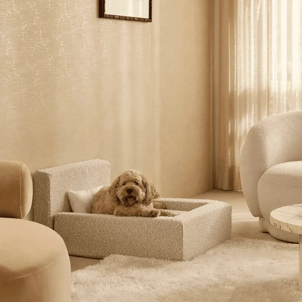 White rectangular dog mat with backrest and sponge filling, size L, on a wooden floor