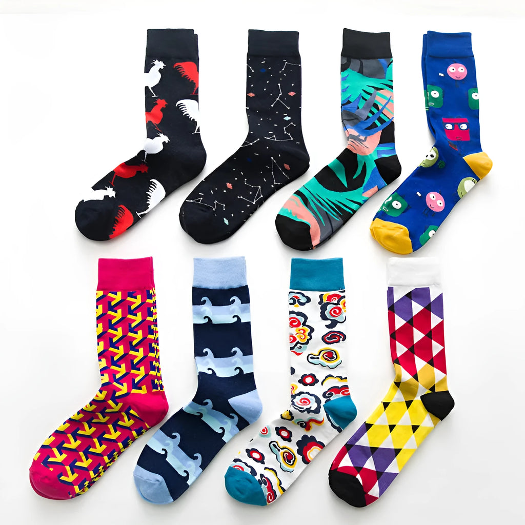 Pair of funny chicken geometry pattern cotton short socks in multicolour design on white background