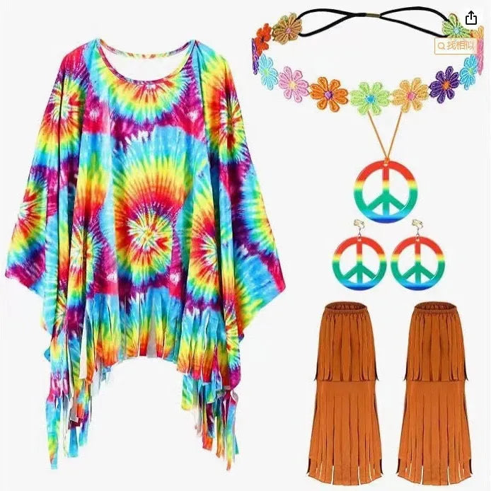Colourful tie dye printed cloak costume with sleeveless bell sleeves on a mannequin